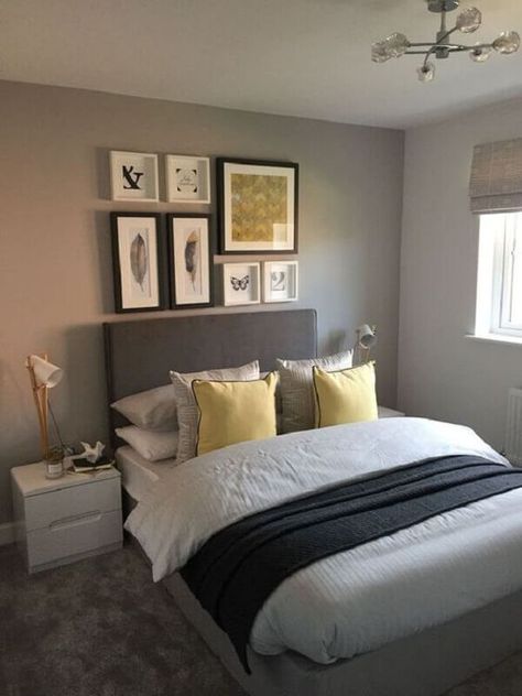 Yellow Guest Bedroom, Modern Grey Bedroom, Guys Room Aesthetic, Guest Bedroom Ideas, Grey Bedroom Design, Bedroom Decoration Ideas, Yellow Bedroom Decor, Wall Inspiration, Bedroom Accent