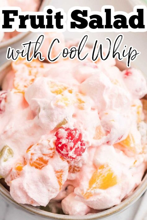 close up of fruit salad with cool whip Fruit Salad Cool Whip, Cool Whip Fruit Salad, Fruit Cocktail Dessert, Dessert Fluff, Fruit Salad With Cool Whip, Easy Fruit Cocktails, Fruit Cocktail Salad, Recipes With Fruit Cocktail, Recipes With Cool Whip