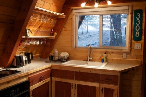 tiny a frame cabin in the woods 0011   Tiny A frame Cabin in the Woods.   Love this little kitchen. Small Cottage Kitchens, Tiny A Frame Cabin, A-frame Interior, A Frame Cabins, Small Cottage Kitchen, Tiny House Talk, A Frame House Plans, Frame Cabin, Decor Ikea