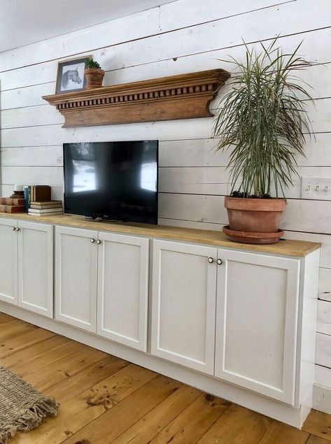 Diy Built Ins, Built In Cabinetry, Diy Sideboard, Unfinished Cabinets, Bedroom Built Ins, Photo Ledge, Cabinet Top, Stock Cabinets, Built In Cabinet