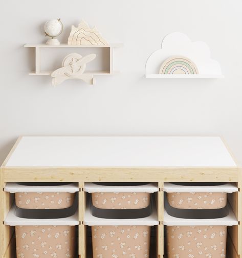 IKEA Trofast storage bin sticker in Hallie Floral peach colorway. Trofast Bench Hack, Diy Trofast Storage, Trofast Bench, Trofast Hack Playrooms, Trofast Storage, Ikea Trofast Storage, Trofast Ikea, Floral Storage, Storage Hack