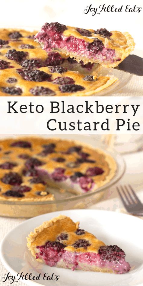 Custard Pie with Blackberries - Easy Keto Low Carb THM S Gluten-Free Grain-Free - This Blackberry Custard Pie is such a pretty dessert. With a press in pie crust & custard made in your blender, it has just 10 minutes of prep time. Low Carb THM S - #lowcarb #lowcarbrecipes #lowcarbdiet #keto #ketorecipes #ketodiet #thm #trimhealthymama #glutenfree #grainfree #glutenfreerecipes #recipes #ketodessert #pierecipes #blackberries #blueberries #raspberries #desserts #dessertrecipes Press In Pie Crust, Blackberry Custard, Atkins Diet Recipes, Desserts Keto, Postre Keto, Joy Filled Eats, Thm Desserts, Keto Friendly Desserts, Low Carb Dessert