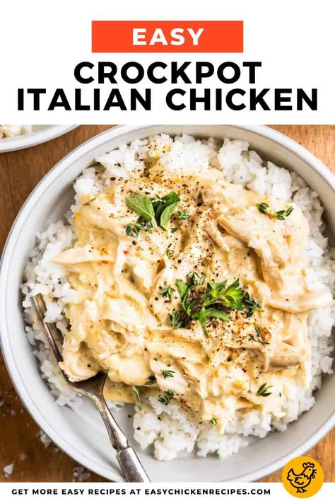 Crockpot Italian Chicken is an easy dinner recipe that calls for just five ingredients! Tender bites of shredded chicken are made creamy and flavorful with Italian dressing seasoning, cream of chicken soup, chicken broth, and cream cheese. It's one of my favorite weeknight dinners! Healthy Italian Chicken, Soup Chicken Broth, Crockpot Italian Chicken, Crockpot Italian, Italian Chicken Crockpot, Chicken Breast Crockpot Recipes, Creamy Italian Chicken, Crockpot Chicken Breast, Crock Pot Inspired Recipes