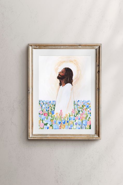 Christ is depicted praying in a field of flowers. This painting is incredibly meaningful to me. Prints are printed on acid-free, high-quality paper. Colors may vary due to monitor settings. Gethsemane Jesus, Garden Of Gethsemane, Christ Artwork, Jesus Christ Artwork, Jesus Christ Art, Easter Art, Jesus Is Life, Jesus Christus, Jesus Art