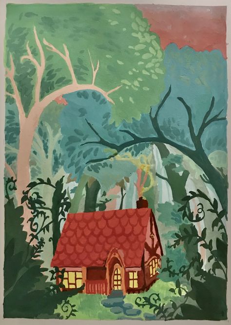 #gouchepainting #drawing #cottage #woods #sleepingbeauty #anime #cartoon #art #schoolart #forest #splitcomplementarycolors #colors Forest Cottage Drawing, Forest House Drawing, Forest Scenery Drawing, House In The Woods Illustration, Anime Cartoon Art, Cottage In The Woods Drawing, Drawing Cottage, Forest House Illustration, Cartoon Cottage