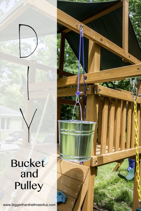 Add a bucket and pulley to your playset... it's so easy and your kiddos will LOVE it! Playground Backyard Landscaping, Tree House Ideas, Treehouse Ideas, Backyard Playset, Diy Bucket, Outdoor Play Space, Tree House Plans, Tree Fort, Tree House Diy