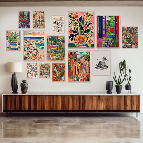 "Set of 14 colorful gallery wall set, maximalist wall art, Eclectic prints, bold colors posters, Abstract botanical art, Flower market print, Flower painting, landscape wall art. Wall art is an affordable and easy way to refresh and upgrade the room decor of your space. Wall art trends, be it for your living room, foyer, bedroom, office, dining room, nursery or kitchen. You will find your perfect match here and choose the best piece to grace your space! AN AMAZING GIFT for housewarmings, birthdays, Christmas, holidays, anniversaries and any occasion. Makes a perfect housewarming gift for a newly occupied dorm room or a new apartment. ♡ PLEASE NOTE This frame is for INSTANT DOWNLOAD Your files will be available to download once payment is confirmed. After checkout, the files will be availab Spanish Gallery Wall, Decorating A Large Wall In Living Room, Maximalist Decor Eclectic, Eclectic Wall Decor, Eclectic Prints, Art Eclectic, Maximalist Wall, Eclectic Gallery Wall, Maximalist Wall Art