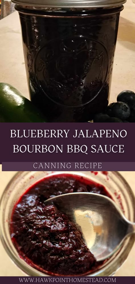 This recipe for blueberry jalapeno bourbon BBQ sauce recipe for canning is a delicious and wonderful twist on traditional BBQ sauce. The blueberries give it a sweet flavor and combined with tangy flavor of the peppers make it a taste out of this world. Plus adding the bourbon gives it a smooth delicious flavor that pairs perfectly with grilled meats like ribs, chicken and pork. This sweet BBQ sauce with its little bit of heat has an interesting flavor that can be made more spicy or less spicy. Bourbon Bbq Sauce Recipe, Sweet Bbq Sauce, Barbeque Recipes, Blackberry Recipes, Blueberry Lemonade, Blueberry Sauce, Bbq Sauce Recipe, Bbq Sauce Homemade, Jelly Recipes