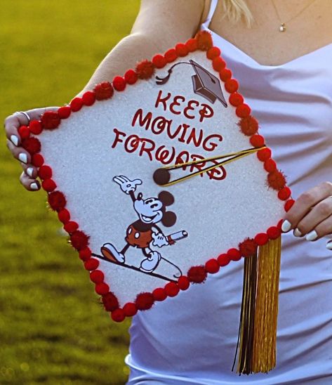 Disney/Mickey mouse inspired college grad cap Ratatouille Grad Cap, Mickey Mouse Graduation Cap, Disney Graduation Party, Disney Graduation Cap Designs, Grad Cap Ideas Disney, Disney Grad Caps, Cap Quotes, Graduation Hat Designs, Disney Graduation Cap