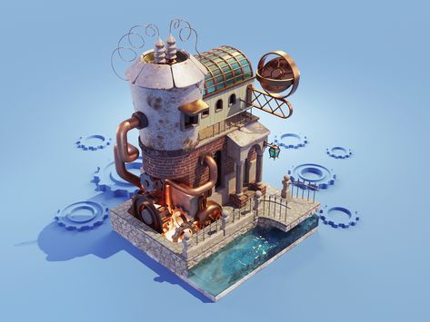 Roman Klčo | Dribbble Steampunk Building, Building Diorama, Steampunk Games, Art Deco Logo, Planet Coaster, Isometric Art, 3d Modelling, Building Design, Low Poly