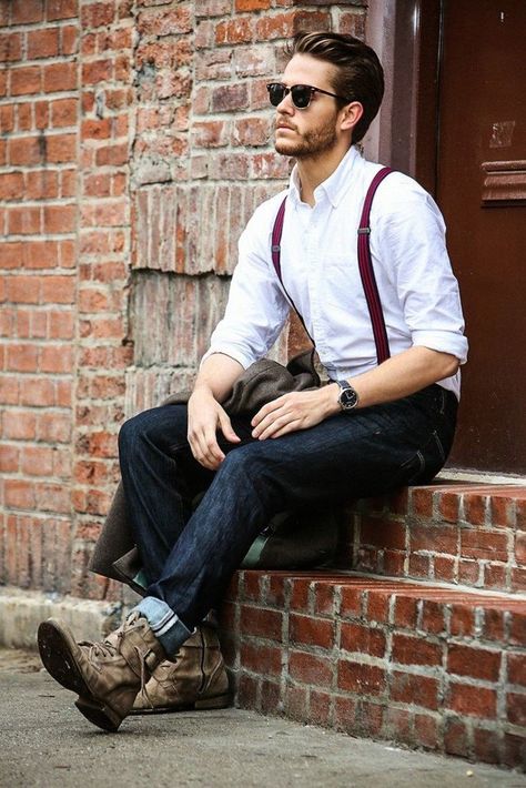 How To Wear Braces? 20 Best Men Outfits Ideas With Suspenders Semi Formal Men Outfit, Semi Formal Men, Suspenders Outfits, How To Wear Suspenders, Indie Outfits Men, Suspenders Outfit, Best Man's Outfit, Workout Man, Hipster Chic