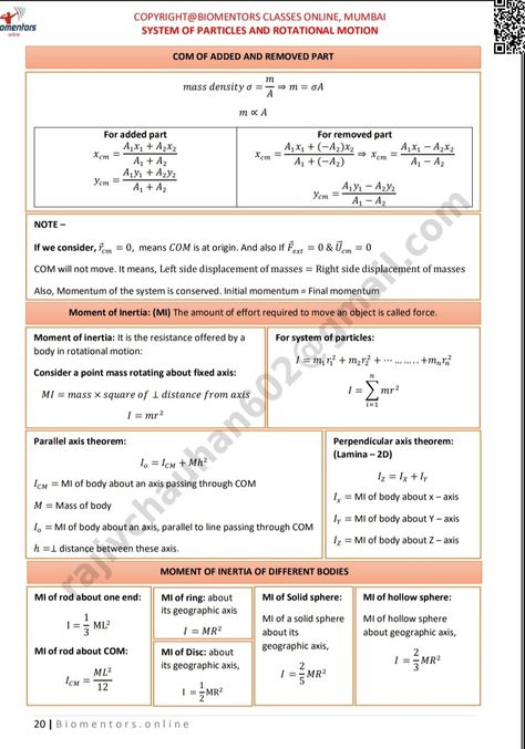 System Of Particle And Rotational Motion, Motion Formula, Notes Physics, Basic Notes, Formula Sheet, Rotational Motion, Physics Lessons, Learn Physics, Basic Physics