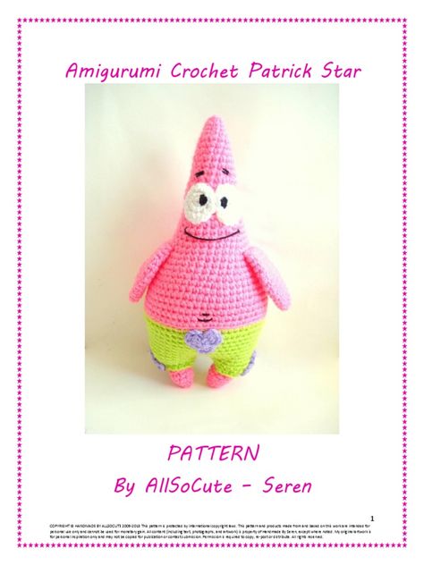 Crochet en inglés Star Crochet, Crochet Dolls Free Patterns, Pola Amigurumi, Patrick Star, Stitch Marker, Pink Yarn, Crochet Keychain, Safety Eyes, Crochet Toys Patterns