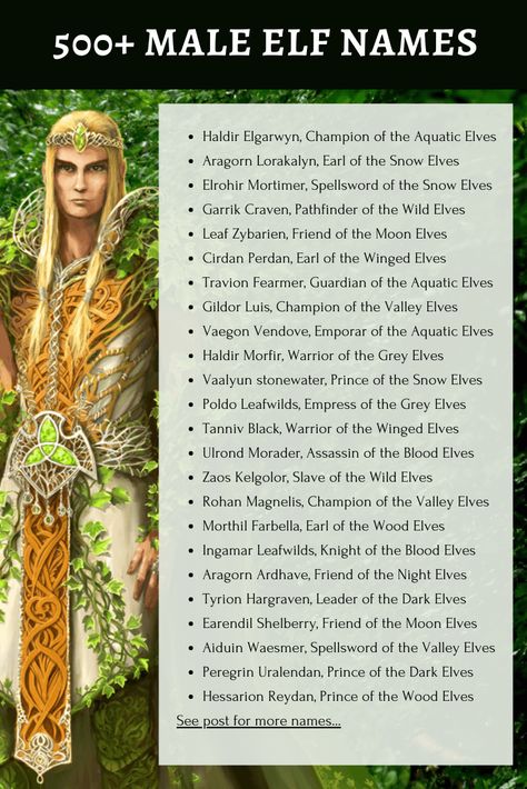 Over 500 male elf names to use in your stories. This male elf name generator includes first names, last names, titles and elf groupings. Half Elf Names, High Elf Names, Female Elf Names, Elves Names, Dark Elf Names, Male Elf Names, Fantasy Male Names, Elven Names, Elf Name Generator