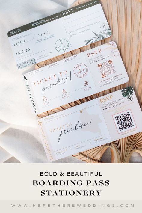 Get your guests ready for the experience of a lifetime to your destination wedding with these formal, unique, travel-inspired boarding pass designs. No matter your destination location or overall wedding style, there’s a boarding pass with your name written on it… Literally! #savethedate #weddingplanning #destinationwedding #boardingpassinvite Boarding Pass Invitation, Online Rsvp, Unique Wedding Stationery, Passport Wedding Invitations, Bachelorette Party Planning, Dream Destination Wedding, Travel Theme Wedding, Destination Wedding Invitations, Travel Info