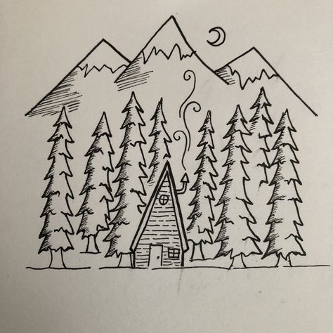 Woods Drawing Easy, Forest Drawing Easy, White Pen Drawing, Woods Drawing, Drawing Mountains, House In Forest, Trees House, Tree Doodle, Snow Moon