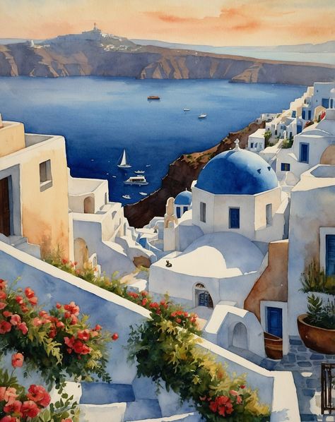 Greece. #watercolors #Santorini #summer #painting #art #artoftheday #beach #aiart #Greece Santorini Painting, Greece Painting, Summer Painting, Print Studio, Original Art Prints, Painting Art, Santorini, Art Day, Greece