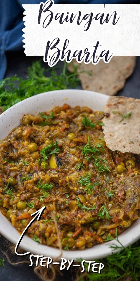 Began Bharta Recipe, Indian Eggplant Recipes Simple, Baigan Bharta Recipe, Eggplant Bharta Recipe, Eggplant Curry Indian, Eggplant Bharta, Eggplant Mash, Sattvic Recipes, Indian Eggplant Recipes