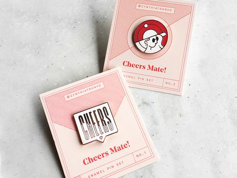 Cheers Mate! Enamel Pin Set by Cynthia Tran Vo on Dribbble Pin Backing Card Design, Backing Card Design, Pin Backing Card, Pin Packaging, Unique Apps, Pr Kit, Enamel Pin Display, Pin Card, Sensory Art