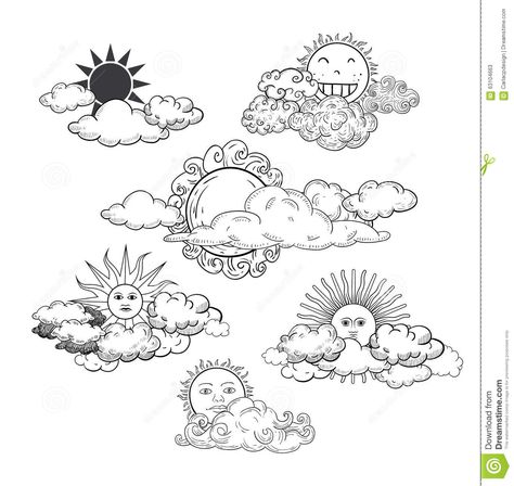 Illustration about Sun with clouds Doodle Hand Drawn Collection. Illustration of rain, cloud, object - 63104663 Clouds Doodle, Line Art Sun, Bujo Themes, Sun Drawing, Cloud Tattoo, Sun And Clouds, Doodle Art Drawing, Cloud Art, Cloud Drawing