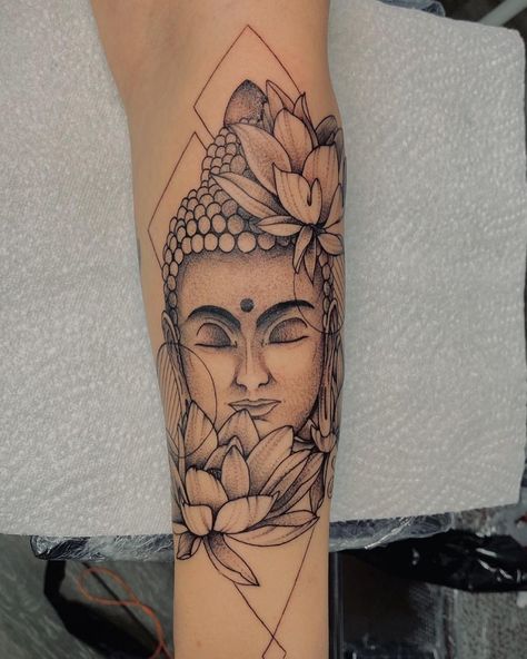 Buddhist Tattoo Sleeve, Girly Sleeve Tattoo, Buddha Tattoo Sleeve, Mandala Arm Tattoos, Arm Sleeve Tattoos For Women, Buddhist Tattoo, Hippie Tattoo, Buddha Tattoo Design, Buddha Tattoos