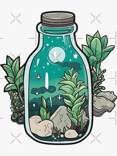 "Magic plants in a bottle" Sticker for Sale by Lialightart | Redbubble Person In Bottle Drawing, Bottle Aesthetic Art, Cute Bottle Drawing, World In A Bottle Drawing, Kawaii Bottle Drawing, Magic Bottle Drawing, Plants In A Bottle, Cute Bottle Painting, Small Digital Art