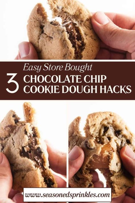 Cookie dough cookie hacks turn store bought chocolate chip cookie dough into a gourmet cookie experience. These chocolate chip cookie dough hacks show you 3 ways to stuff your chocolate chip cookie dough with yummy fillings! Easy and quick and no one will no it's not homemade. #cookies #cookiedough #storeboughtcookiedough #recipe #chocolatechips #nutella #smores #saltedcaramel #bakinghacks #christmasrecipes #christmasbaking Cookie Dough Hacks Store Bought, Premade Cookie Dough Hacks, Store Bought Cookie Dough Hacks, Cookie Dough Hacks, Popcorn Christmas Tree, Nutella Smores, Christmas Shrimp, From Scratch Cookies, Grinch Popcorn