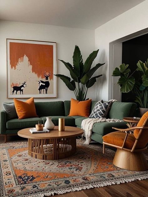 Idea For Living Room Decorating, Rust Orange Interior Design, Home Decor Green Couch, Mid Century Green Couch, Orange And Green Mid Century, Cosy Earthy Living Room, Modern Southwest Office, Cognac And Green Living Room, Living Room Dark Green Couch