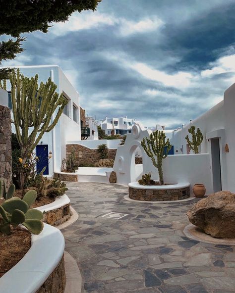 Rich Future, Greek Cafe, Mediterranean Courtyard, Mykonos Travel, October Travel, Greek Villa, Greek Garden, Hotel Landscape, Hacienda Homes