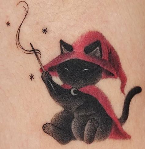 Black Cat Wrist Tattoo, Tattoo Witch Aesthetic, Wizard Cat Tattoo, Cosmic Owl Tattoo, Witch Cat Tattoo, Small Witch Tattoo Ideas, Witchy Cat Tattoo, Twilight Tattoos, Shoulder Cap Tattoo