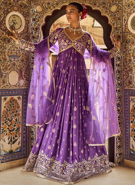 Purple Embroidered Brocade Anarkali Purple Floor, Floor Length Anarkali, Stone Embroidery, Brocade Pattern, Designer Anarkali, Pattern Embroidery, Style Savvy, Anarkali Suit, Anarkali Suits