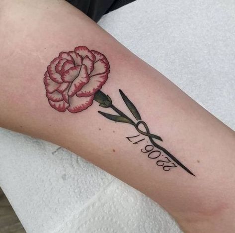 Carnation Wrist Tattoo, Carnation Memorial Tattoo, Carnation Tattoo Stencil, Carnation Tattoos For Women, Purple Carnation Tattoo, Red Carnation Tattoo, Carnation Tattoo Design, Carnation Flower Tattoo, Rip Tattoos For Mom