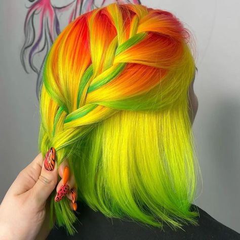 Neon Green And Orange Hair, Orange Yellow Green Hair, Manic Pixie, Colorful Hairstyles, Colored Weave, Hair Color Orange, Manic Pixie Dream Girl, Neon Hair, Turquoise Hair