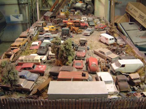 Model Diorama, Model Car Diorama, Hot Wheels Display Case, Diorama 1:64 Paper Models, Junkyard Cars, 1:64 Scale Car Wall Storage, Hot Wheels Display, Model Train Table, Plastic Model Kits Cars