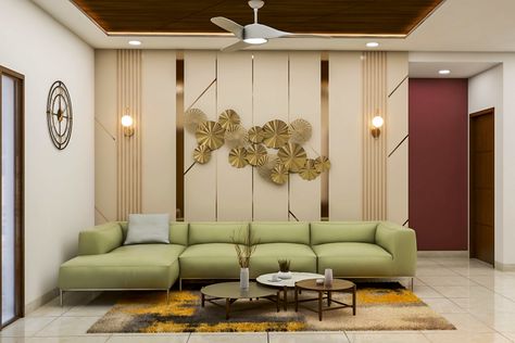 L Shape Wall Design Living Room, L Shape Living Room False Ceiling Design, Panelled Accent Wall, Beige Accent Wall, Sofa Back Wall Design, Premium Living Room, Cove Light, Interesting Living Room, Walls Design