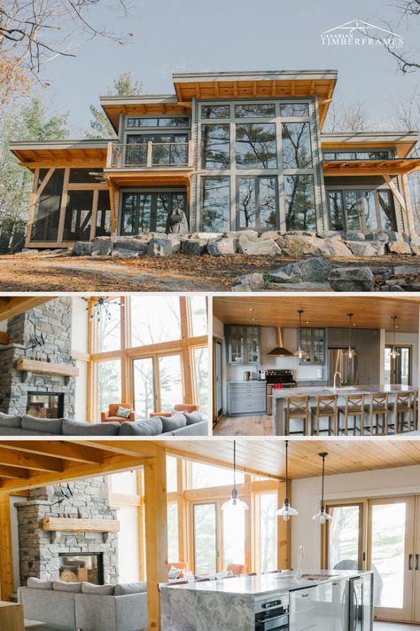 Contemporary Timber Frame House, Modern Lake House Plans Big Windows, Modern Timber Frame Homes Interiors, Modern Log Home Exterior, Modern Cabin Floorplan, South Africa House Plans, Lake Home Plans, Timber House Plans, Timber Frame Cabin Plans