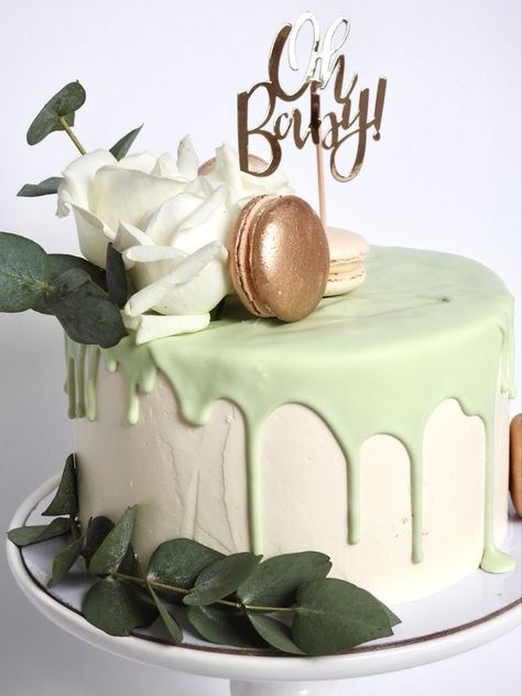 White Cake With Green Drip, Greenery Birthday Cake, Sage Green Cakes Birthday, Sage Green Drip Cake, Sage Green Bday Cake, Eucalyptus Birthday Cake, Green Gender Reveal Cake, Olive Green Baby Shower Cake, Mint Green Cake Birthday Simple