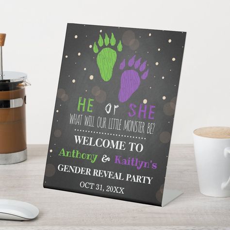 Little Monster Halloween Gender Reveal Party Pedestal Sign Halloween Gender Reveal Party, Halloween Gender Reveal, Monster Halloween, Party Welcome Sign, Party Sign, Reveal Party, Little Monsters, Party Items, Reveal Parties