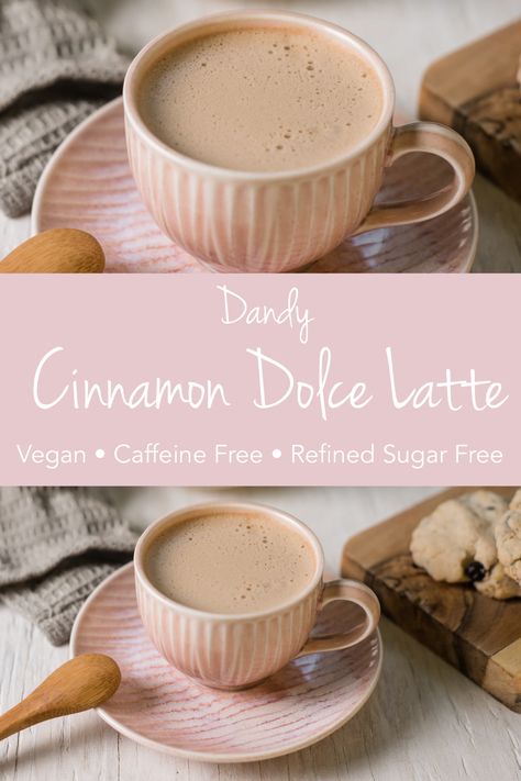 Skip the Starbucks line-up with this healthified, copy-cat Cinnamon Dolce Latte. This delicious delight is the perfect frothy treat to cozy up with on a cold, snowy day! And there’s no need to feel guilty for indulging, it’s caffeine free, dairy free and refined sugar free, not mention it contains dandelion root, which is packed with health benefits! Cinnamon Dolce Latte Recipe, Dairy Free Alfredo Sauce, Dairy Free Egg Nog, Banana Oatmeal Smoothie, Caffeine Free Drinks, Free Smoothie Recipes, Cinnamon Dolce Latte, Dairy Free Smoothies, Caffeine Free Tea