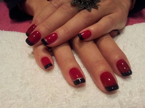 Red With Black French Tips, Red Nails Black Tips, Red Nails With Black Tips, Red Nails With Black, Red Black Nails, Nails With Black, Black French Tip, Nail Glam, Dark Red Nails