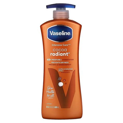 Description 48H Moisture Prevents Dryness +Ultra Hydrating Lipids Description 48H Moisture Prevents Dryness +Ultra Hydrating Lipids Dermatologist Tested 90% More Moisture* Non-Greasy Formula + Pure Cocoa Butter For Long-Lasting, Radient Glow Unilever Cosmetic Product for Moisturization Skin Health for All We believe skin health is essential for wellbeing. Join us in our missing to give everybody, everywhere access to the skin care they need. Ultra-Hydrating Lipids fortify the skin barrier and replenish moisture. *vs. untreated skin Other ingredients Water, glycerin, petrolatum, stearic acid, dimethicone, butylene glycol, glycol stearate, PEG-100 stearate, isopropyl myristate, helianthus annuus (sunflower) seed oil, cocos nucifera (coconut) oil, glyceryl stearate, theobroma cacao (cocoa) se Vaseline Intensive Care Cocoa Radiant, Vaseline Cocoa Butter, Cocoa Butter Body Lotion, Vaseline Lotion, Vaseline Intensive Care, Pure Cocoa Butter, Cocos Nucifera, Helianthus Annuus, Butylene Glycol