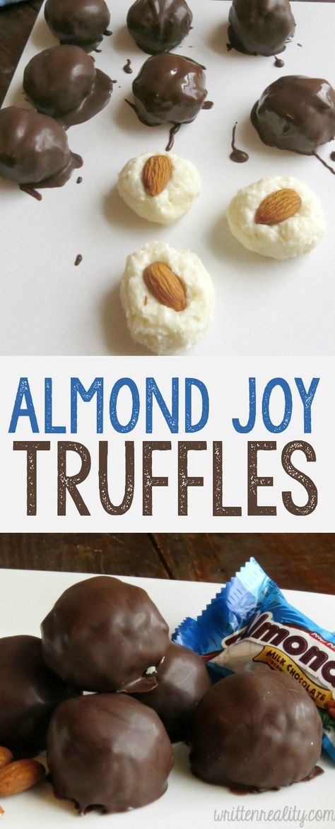 This recipe for Almond Joy Truffles tastes just like the candy bar! It’s filled with a creamy coconut center, topped with an almond, and covered in dark chocolate. You are going to love this dessert! Almond Joy Truffles Recipe, Truffles Desserts, Almond Truffles, Chocolate Bites, Candy Truffles, Dessert Aux Fruits, Christmas Candy Recipes, Almond Joy, Truffle Recipe