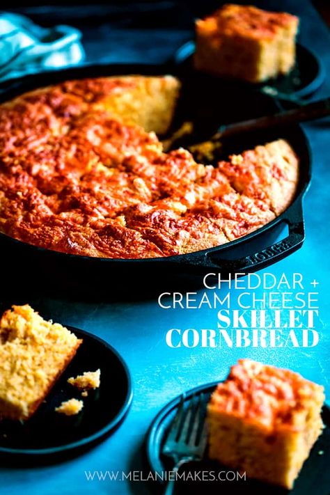 This Cheddar and Cream Cheese Skillet Cornbread is the cheesiest, mile high cornbread that will no doubt steal the show of any meal it accompanies. #cornbread #bread #sidedish #comfortfood #cheese #creamcheese #easyrecipe Cheese Cornbread, Fantastic Recipes, Pan Dishes, Cornbread Recipes, Skillet Cornbread, Bacon Mac And Cheese, Cooking Bread, Savory Foods, Baking Stuff