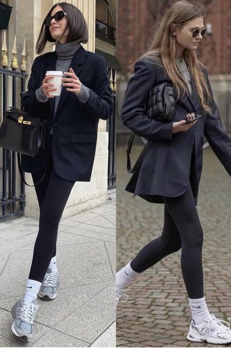 Legging Street Style, Formal Leggings Outfit, New Balance Outfit Women Street Styles, Black Legging Street Style, Black Leggings Outfit Sporty, Casual Winter Leggings For Streetwear, London March Outfit, Black Leggings Work Outfit, Sporty Fitted Winter Leggings