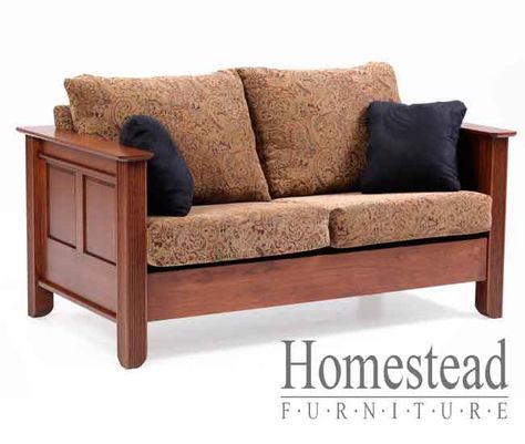 7001 Arlington Loveseat Dimensions: 34” H x 36½” D x 38½” W Shown in: Cherry with Acres Stain Workmanship and Warranty: -One year warranty on wood -Lifetime warranty on fabric -HR 2.3 density solid core urethane foam - 6” thick -Reversible back and seat cushions -Fabric and Leather available -18” Throw Pillows http://homesteadfurnitureonline.com/upholstered-loveseat_arlington-loveseat-7001.html Oak Furniture Living Room, Amish Living, Transitional Sofa, Wooden Couch, Family Room Furniture, Wooden Sofa Designs, Quarter Sawn White Oak, Wooden Sofa Set, Big Sofas