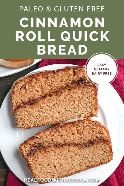 This Paleo Cinnamon Roll Quick Bread is so easy to make and tastes incredible! Tender cake with a sweet cinnamon swirl and drizzled with a thick glaze. Gluten free, dairy free, and naturally sweetened. #paleo #glutenfree #healthy #easyrecipe #dairyfree | realfoodwithjessica.com via @realfoodwithjessica Paleo Cinnamon Rolls, Cake Bundt, Primal Living, Paleo Baking, Cinnamon Bread, Cinnamon Swirl, Primal Paleo, Paleo Breakfast, Low Carb Recipes Dessert