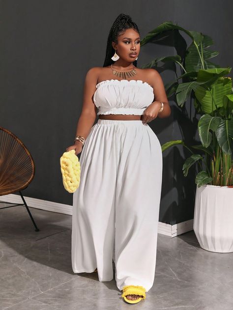 SHEIN Slayr Plus Size Frill Trim Tube Top And Elastic Waist Wide Leg Pants For Summer LeisureI discovered amazing products on SHEIN.com, come check them out! Pants For Summer, Kids Beachwear, All White, Amazing Products, Tube Top, Plus Clothing, No Frills, Women Clothes Sale, Leg Pants