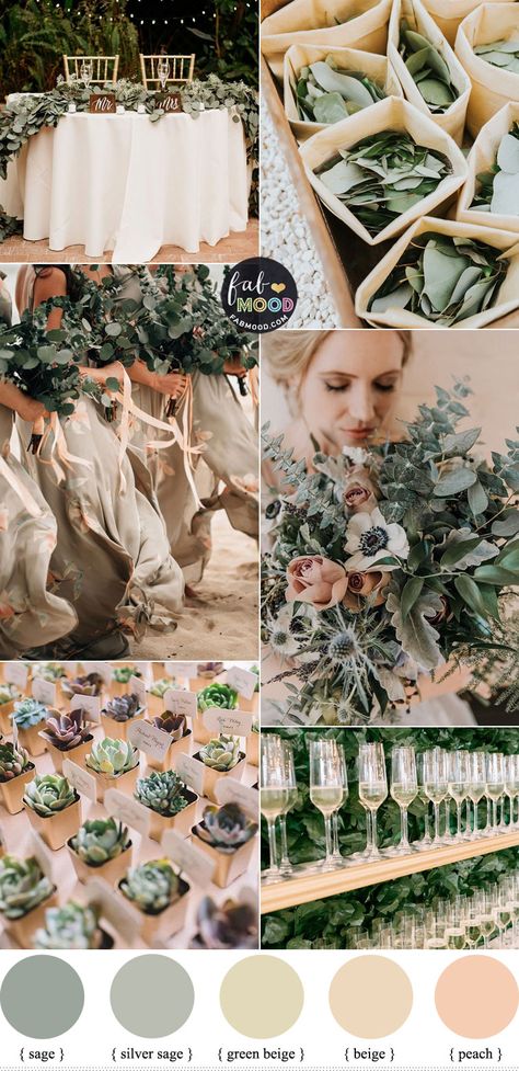 Beige and Sage Wedding Color Palette | fab wedding ideas | fabmood.com Sage Green And Light Brown Wedding, Wedding Eucalyptus Color Scheme, Wedding Theme Eucalyptus, Eucalyptus Spring Wedding, Beige Sage And Blush Wedding, Rose Gold Sage Green Wedding Color Schemes, Country Wedding Colour Scheme, Wedding Color Schemes With Rose Gold, Best Wedding Colors Combinations Summer