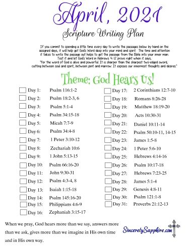 April 2021 Scripture Writing Plan –God Hears Us | Sincerely, Sapphire Scripture Writing Plan, Scripture Writing Plans, Scripture Writing, Writing Plan, Quotes Arabic, Bible Study Plans, Bible Study Methods, Bible Study Notebook, Bible Plan