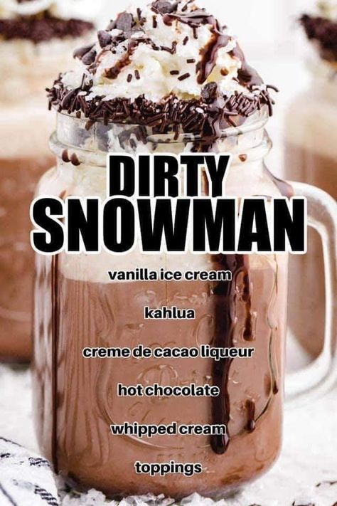 Dirty Snowman Drink, Snowman Drink, Snowman Cocktail, Adult Hot Chocolate, Easy Coffee Drinks Recipes, Christmas Drinks Alcohol Recipes, Coffee Milkshake, Cocoa Drink, Chocolate Whipped Cream